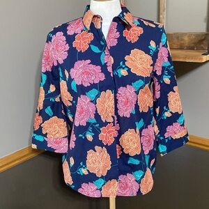 Chico’s navy blue, pink, orange & green floral button down 3/4 sleeve top size S